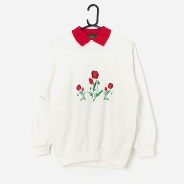 Vintage collared sweatshirt with embroidered red poppies - Medium 