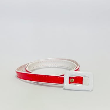 Vintage 1970s Red and White Faux Patent Leather Skinny Belt 
