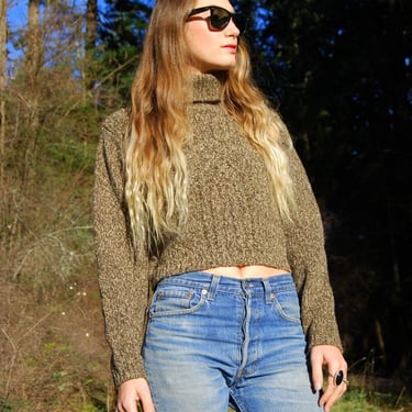 90's Cropped Wool Sweater, Brown Cable Knit Sweater, Turtleneck Crop Top , Chunky Knit Sweater, Cropped Turtleneck Sweater Size Small Medium 