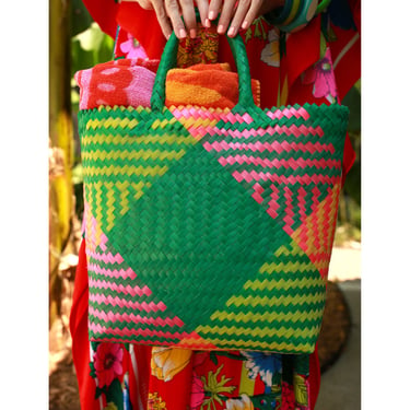 Colorful Fun Vintage 60s 70s Green Pink Plastic Woven Tote Bag 