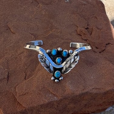 Mary S. Lew ~ Vintage Navajo Turquoise and Sterling Silver Leaf / Feather Cuff 