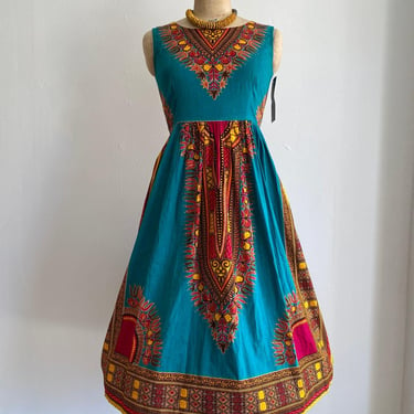 Vintage ethnic print cotton dress, sleeveless full skirt, medium large, tribal style, turquoise and red , fit and flare 