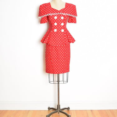 vintage 80s top shirt skirt set red white polka dot peplum secretary outfit S clothing 