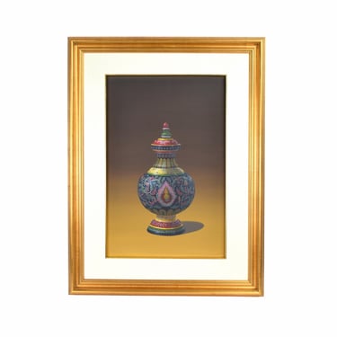 Vintage Photo Realist Still Life Painting Thai Porcelain Benjarong Jar with Buddha signed 