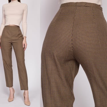 S| 70s 80s High Waisted Houndstooth Trousers - Small, 27" | Retro Vintage Tapered Leg Pants 