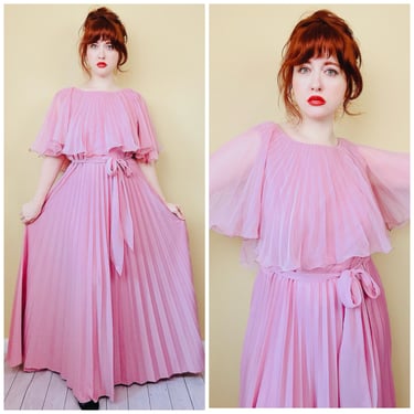 1970s Vintage Pink Polyester Pleated Dress / 70s Mauve Accordion Pleat Belted Maxi Gown / Size 1X 