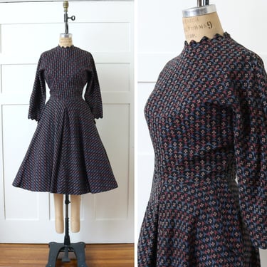vintage 1950s fit & flare L'aiglon dress • black red and blue cotton dress with zig-zag collar and big pockets 
