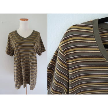 Vintage 90s Striped V-neck T-shirt Womens Stripe Tee 1990s Xhilaration Top Grunge Boho Hippie Size XL XXL 