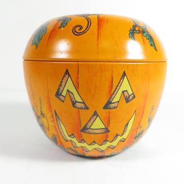 Vintage Halloween Pumpkin Tin Container - Pumpkin Shaped Jack O Lantern Tin 