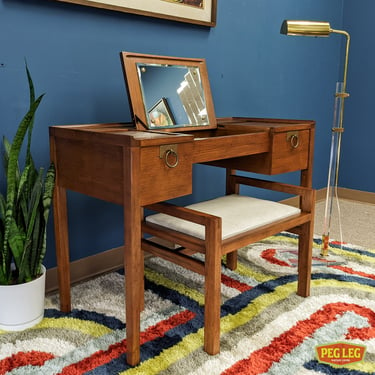 Mid-Century Modern walnut vanity with matching stool by Drexel