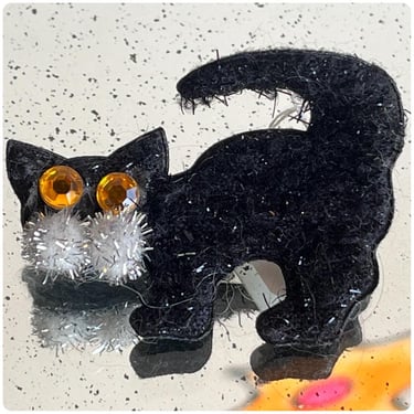 Vintage | Halloween Fuzzy Little Witchy Black Kitty Cat Teeny Tiny Pet Brooch 