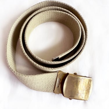 Vintage 1970's Solid Brass Woven Cotton Belt, Adjustable, Tan Beige Neutral Boho Military Hippie 40