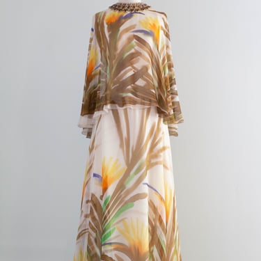 Fabulous 1970's Silk Chiffon Hand Painted "Birds of Paradise" Gown By Richelene / M