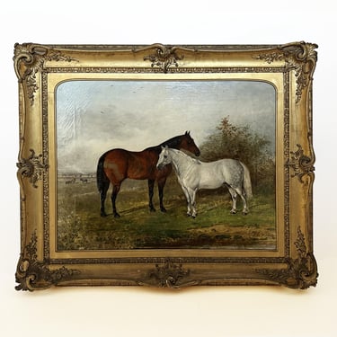 1863 “Horse and Pony in a Highlands Landscape” Antique Equestrian Oil On Canvas Painting by John McLeod 