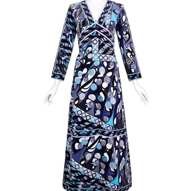 Emilio Pucci Vintage 1960s Purple Blue Black Floral Geometric Psychedelic Velvet Maxi Dress