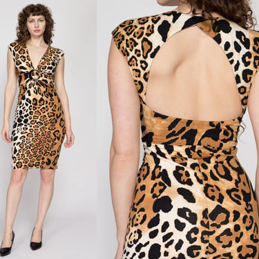 Small Y2K Cache Leopard Print Bodycon Dress | Vintage Keyhole Back Animal Print Short Sleeve Mini Party Dress 
