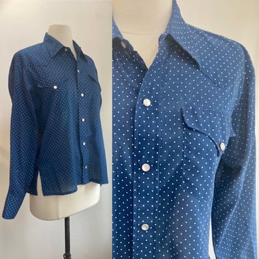 Vintage 70s COWBOY Shirt / PEARL Snap Buttons + Tiny Polka-Dots / Dagger Collar + Straight  Cut / H BAR C California Ranchwear 