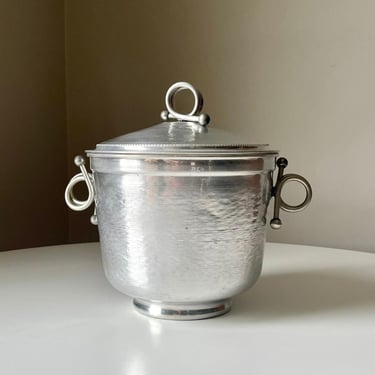 Vintage Mid Century Modern Hammered Metal Ice Bucket with Circular Handles by Gailstyn 