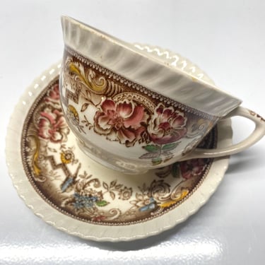 10 Devonshire Johnson Brothers Tea Cup & Saucer Set~  English China, Floral White Vintage Tea Set- Brown Multicolor collection~ Replacement 