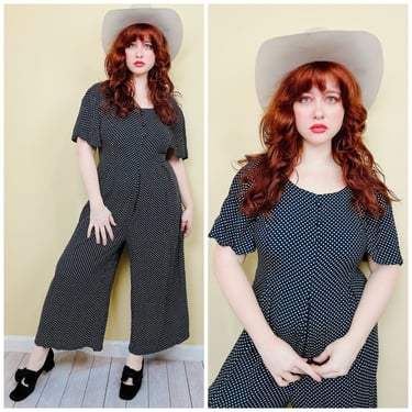 1990s Vintage Notations Polka Dot Jumpsuit / 90s Flutter Sleeve Cropped Gaucho Dotted Romper / Size X-Large 