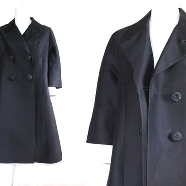 1950s Silk Trapeze Coat from I. Magnin - Vintage Structured Navy Blue Double Breasted Coat - Large 