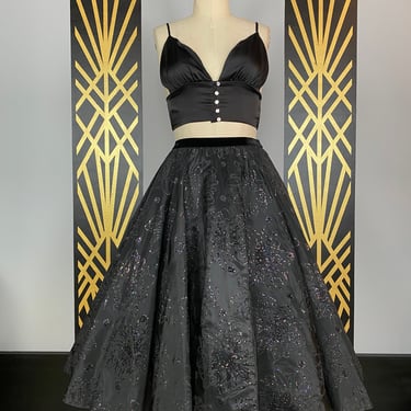 1950 circle skirt, black taffeta, glitter flowers, novelty skirt, medium, full, vintage skirt, mrs maisel style, holiday, cocktail skirt, 29 