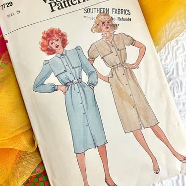 Vogue Sewing Pattern, Button Down Dress, Shirt Dress, Vintage 70s 80s, Complete with Instructions, Vogue 7729 