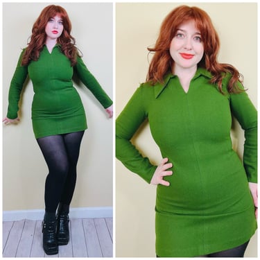 1960s Vintage Mossy Green Acrylic Mini Dress / 50s Fitted Dagger Collar Mod Dress / Medium 