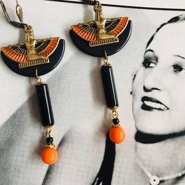Art Deco Earrings Vintage Black Bakelite &  Orange Egyptian Revival winged Isis statement  earrings flapper 1920s Art Deco by BakeliteBa