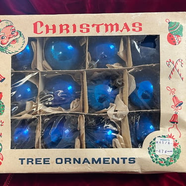 blue mercury glass ornaments 1950s Christmas balls one dozen boxed ornaments 