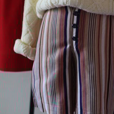 70s Striped Nautical Shorts with Navy Button Detail; Red, Navy, White, Tan, and Brown Striped Western Shorts, Vintage High Waisted Shorts 