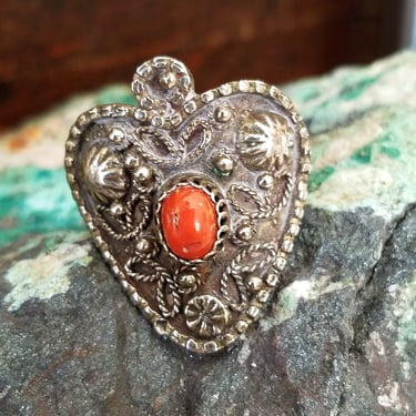 Vintage Tibetan Sterling & Coral Ring~Orange Coral Boho Ring~Sterling Silver 925~Ladies Ring Size 9-9.25~JewelsandMetals 