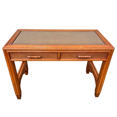 Rattan Desk with 2 Drawers & Glass Table Top by Ficks Reed - Vintage Brown Boho Chic Coastal Bamboo Wicker 
