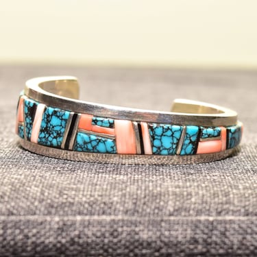 Modernist Navajo Sterling Silver Inlay Cuff Bracelet, Blue Turquoise & Pink Coral, Wilber Yazzie, 5