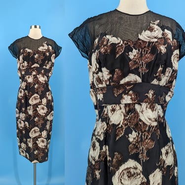 60s Black Rose Print Wiggle Dress with Sheer Yoke - Sixties Medium Short Sleeved Silk Dress 