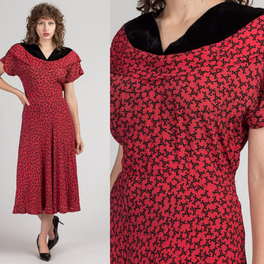 Vintage 1940s Red Geometric Print Dress - Large | Boho Velvet Trim Shawl Neck Gatsby Style Midi Dress 
