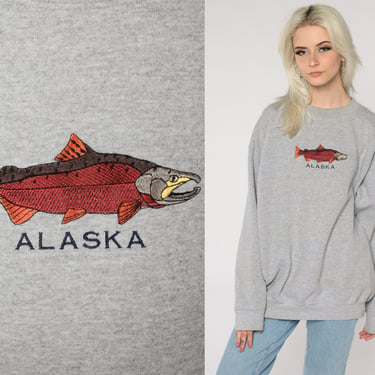 Alaska Fish Sweatshirt Embroidered Fisherman Shirt 90s Graphic Sweatshirt Vintage Fishing Tourist Grey Pullover 1990s Wildlife Shirt Large L 