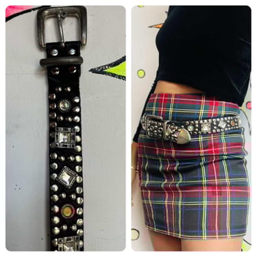 Y2K Leather Heavily Embellished Studded Rhinestone Belt Fairy Grunge 29" - 32.5" 