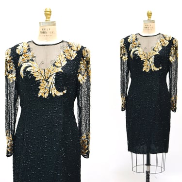 80s 90s Vintage Black Beaded Sequin Party Dress Large Black Gold Metallic Sequin Formal Dress// Vintage Black Sequin Party Dress Scala 