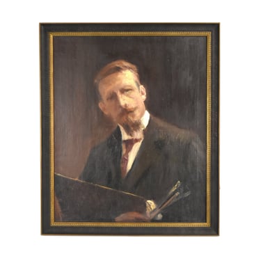 19th Century French Impressionist Portrait of Artist w Brushes & Palette 