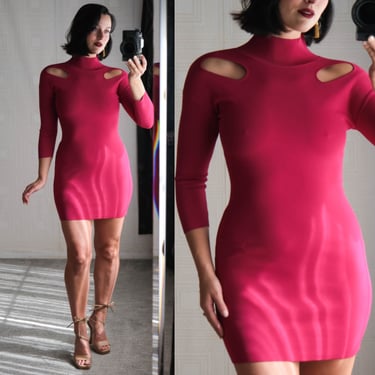 STELLA McCARTNEY Fuchsia Bodycon Peek-a-boo Shoulder Mock Neck Mini Dress | Made in Italy | Rayon Blend | Vintage Designer Pink Dress 