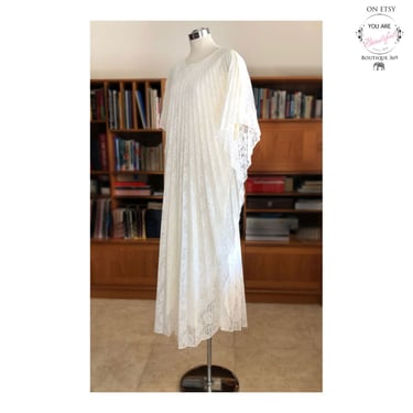 Vintage white Lace Kaftan ANGEL DRESS Long Muumuu Mumu Maxi Dress, Pleated, 1970's ,Hippie Boho Dress 