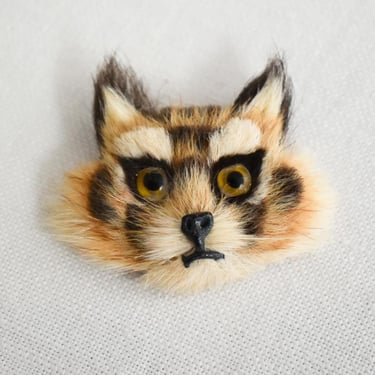 Vintage Mottled Brown Fur Cat Face Brooch 