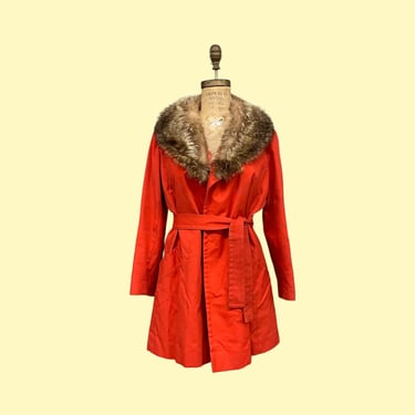 Vintage Coat Retro 1970s Main Street + Fashion Rain/Sun/Storm Coat + Penny Lane + Orange Red + Fur Collar + Waist Tie +  Womens Apparel 
