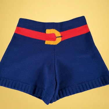 1960s mod knit shorts unique novelty playful vintage belt & buckle elastic waist ribbed navy, red, yellow rare hot pants gogo versatile (S) 