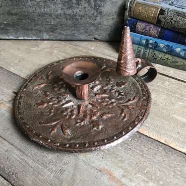 Copper Candle Holder, Arts and Crafts, Embossed Copper, Copper Snuffer, Chamber Candleholder, Handcrafted 