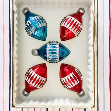 Vintage Blue and Red Oval Glass Ornaments.  Parragon Vintage Ornaments. Vintage Holiday Decor. 