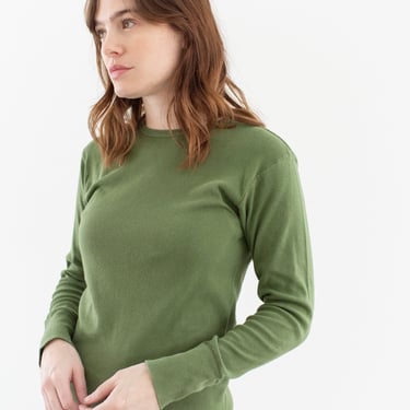 Vintage Army Green Long Sleeve T-Shirt | Unisex British Crewneck Cotton Tee | XXS XS | 