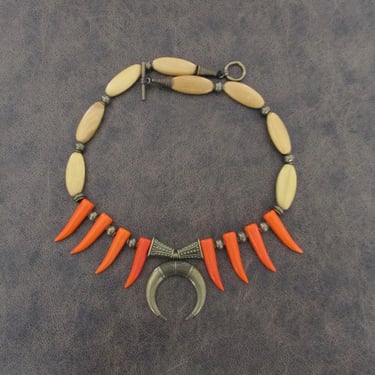Statement necklace, orange howlite necklace, chunky necklace, rustic necklace, ethnic necklace, primitive tribal necklace, bold necklace 