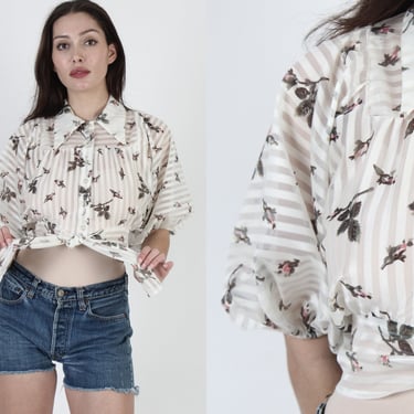 Vertical Striped Butterfly Collar Crop Top, Vintage 70s See Through Batwing Tunic, Button Down Floral Half Shirt 